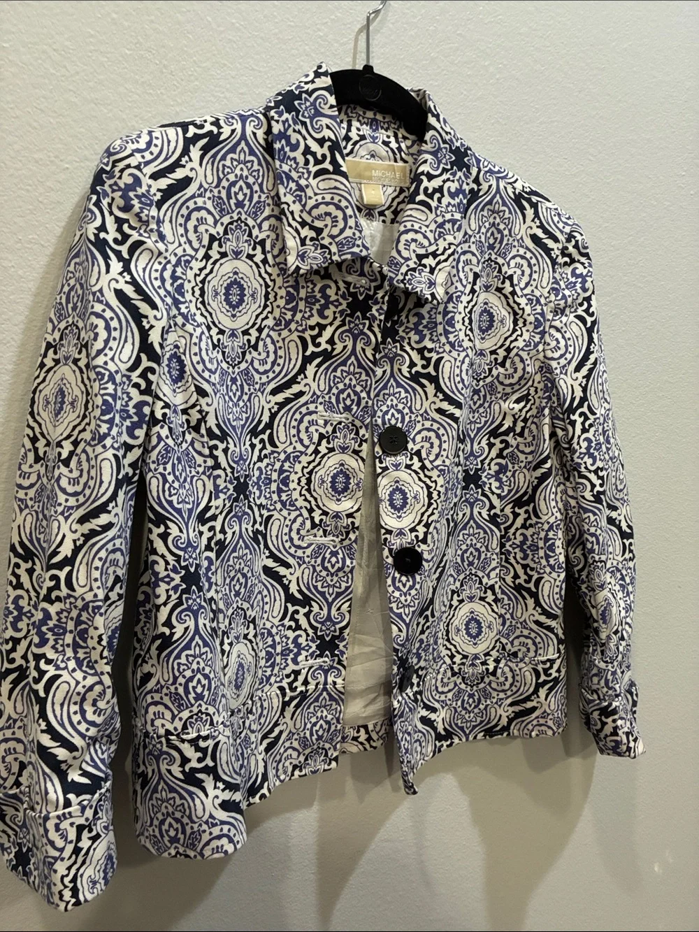 Michael Kors Navy and White Printed Button Jacket